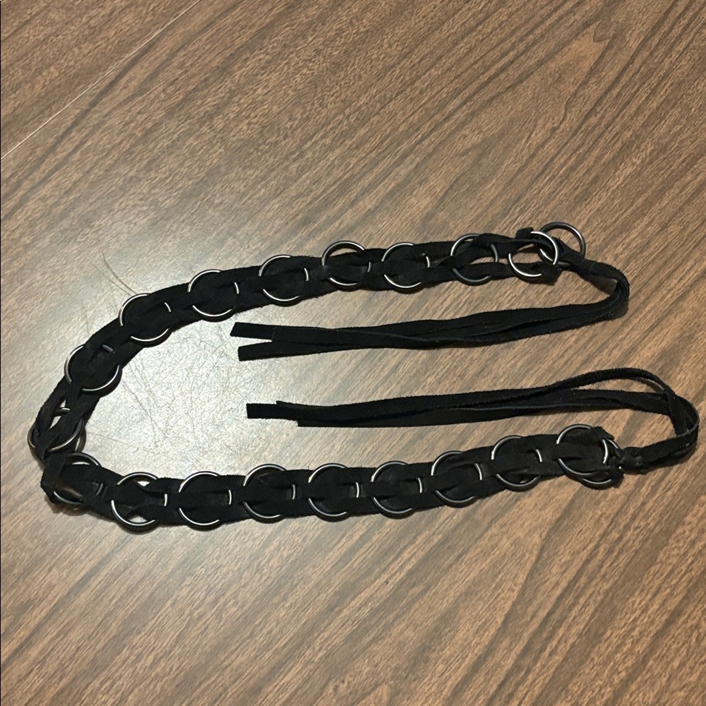 Metal Circle Black Suede Tie Belt - Picture 2 of 2